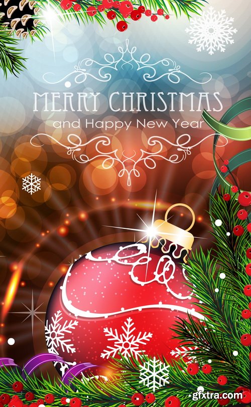 Holiday Background with Sparkles, Christmas Balls & Fir Branches 25xEPS