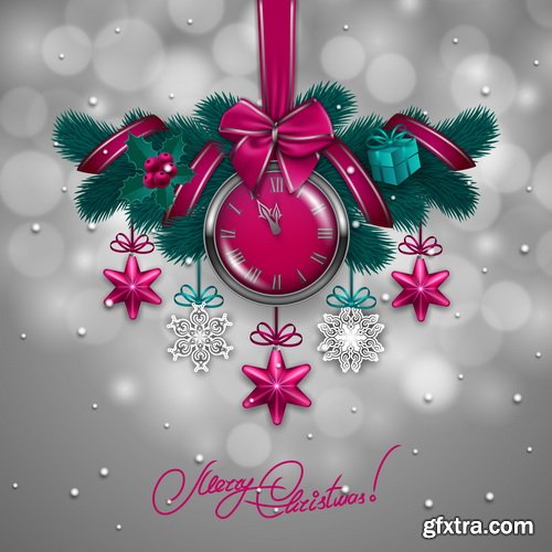 Holiday Background with Sparkles, Christmas Balls & Fir Branches 25xEPS