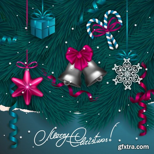 Holiday Background with Sparkles, Christmas Balls & Fir Branches 25xEPS