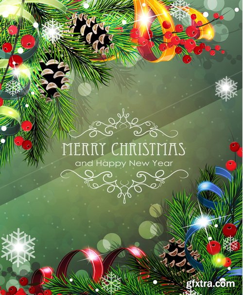 Holiday Background with Sparkles, Christmas Balls & Fir Branches 25xEPS