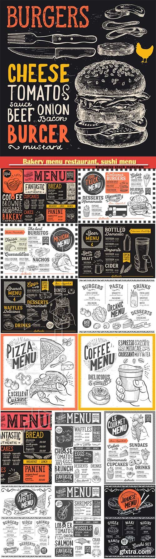 Bakery menu restaurant, sushi menu, burger, pizza poster, food vector template