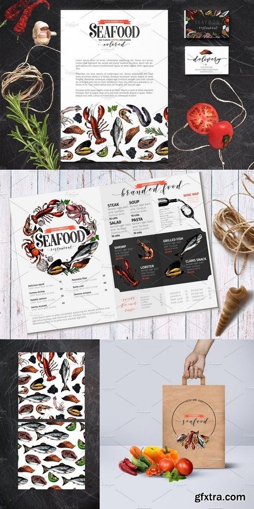 CM - Seafood hand drawn colored set 1466279