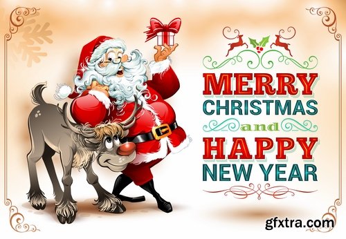 Santa claus reindeer sticker new year Christmas label 25 EPS