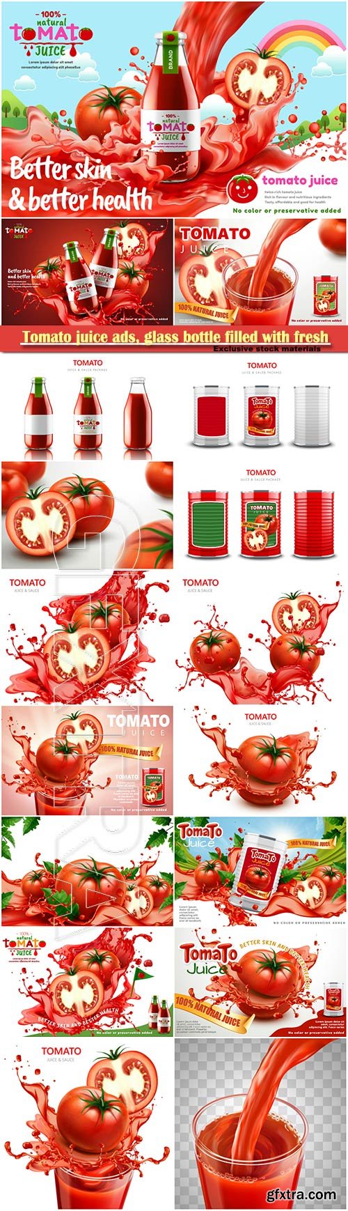 Tomato juice ads, glass bottle filled with fresh tomato juice with splashing juice, 3d illustration