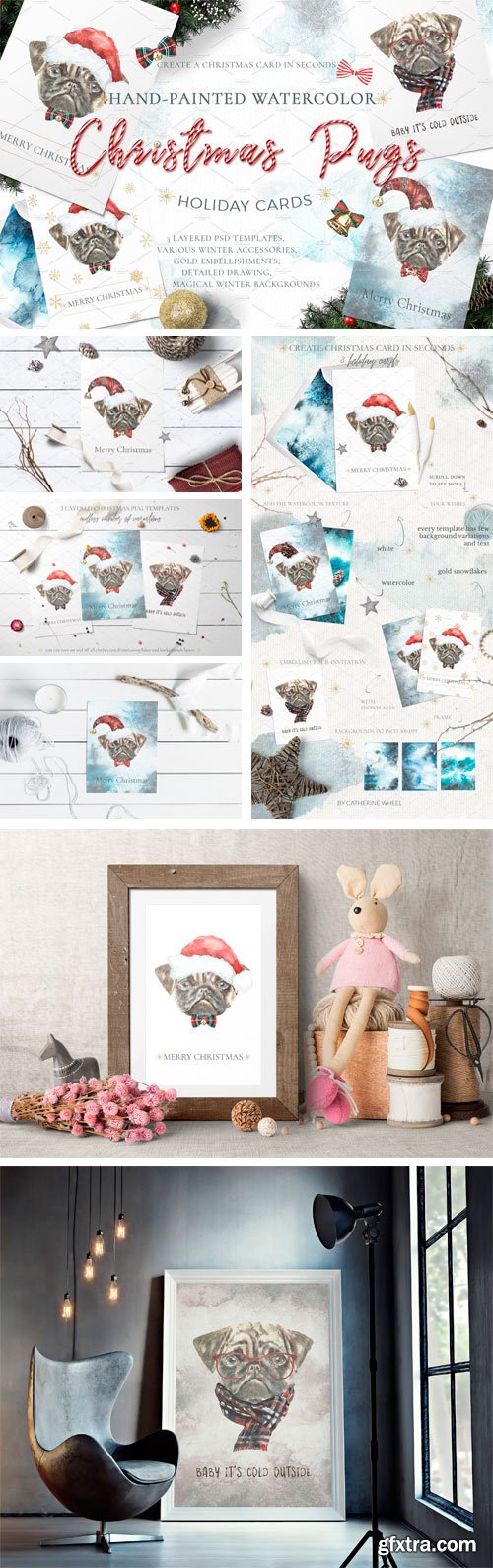 CM - Christmas Watercolor Pug Cards 1981246