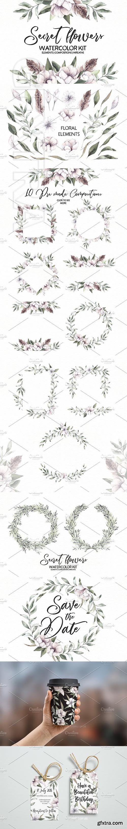 CreativeMarket - Secret flowers Watercolor kit 2196236