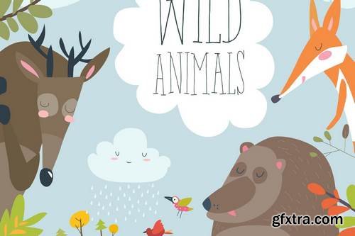 Nature frame with trees, animal and birds. Vector