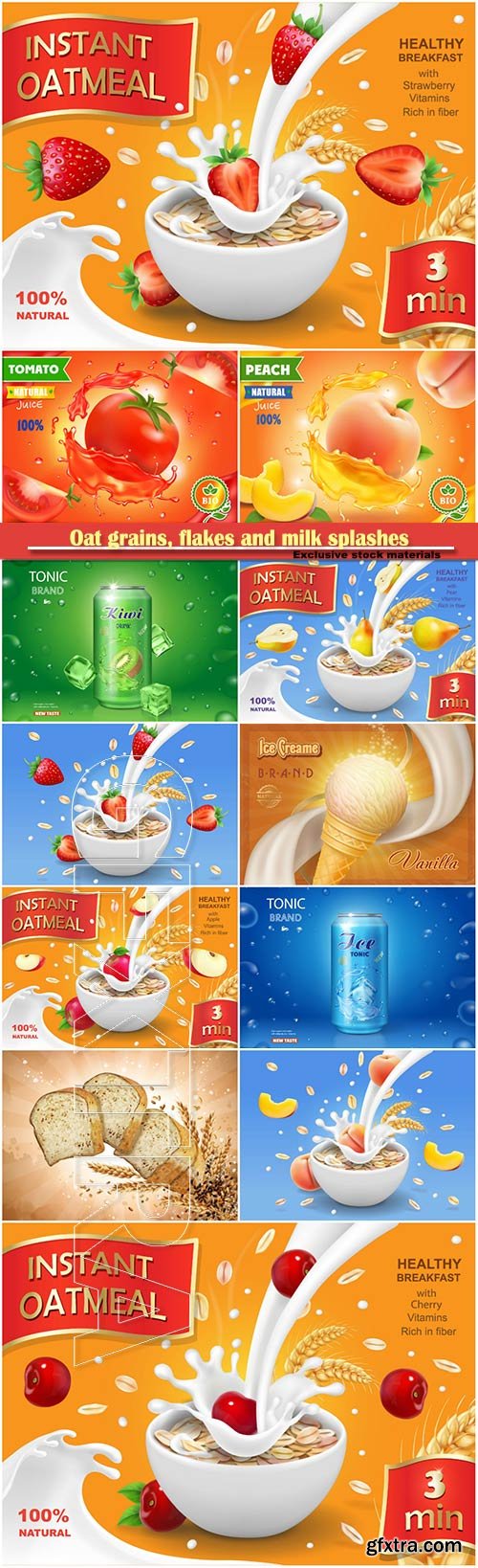 Oat grains, flakes and milk splashes, ice cream vintage poster, realistic vector package design