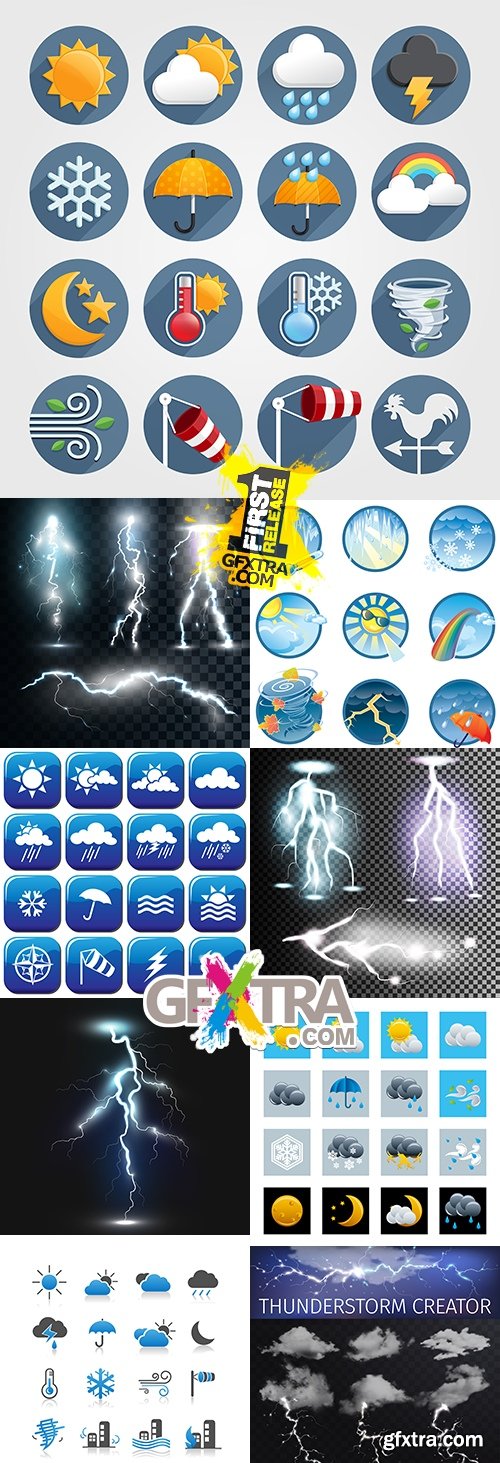 Flashes sparkling lightning and icon of weather