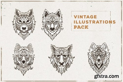 Vintage Wood & Axe Illustration Wolf Warewolf Unicorn Pack