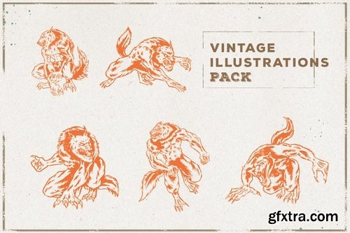 Vintage Wood & Axe Illustration Wolf Warewolf Unicorn Pack