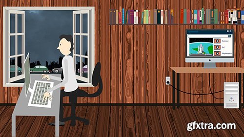 Cartoon Man Typing On A Computer From A Home Office