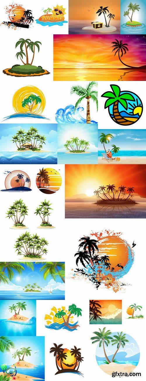 Tropical Palm Island Sunrise Sunset 25xEPS