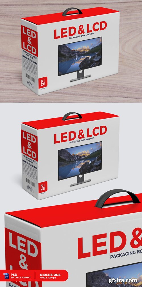 Desktop LCD & LED Packaging Box with Handle PSD Mockup Template Desktop LCD & LED Packaging Box with Handle PSD Mockup Template