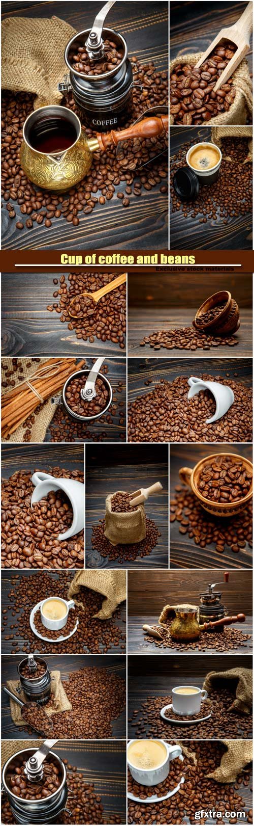 Cup of coffee and beans on wooden background
