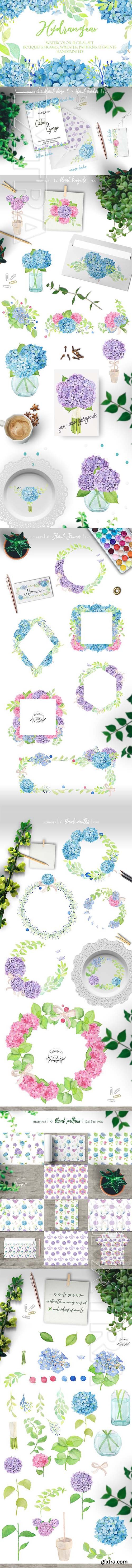 CreativeMarket - Watercolor Hydrangea Floral Clipart 2289475
