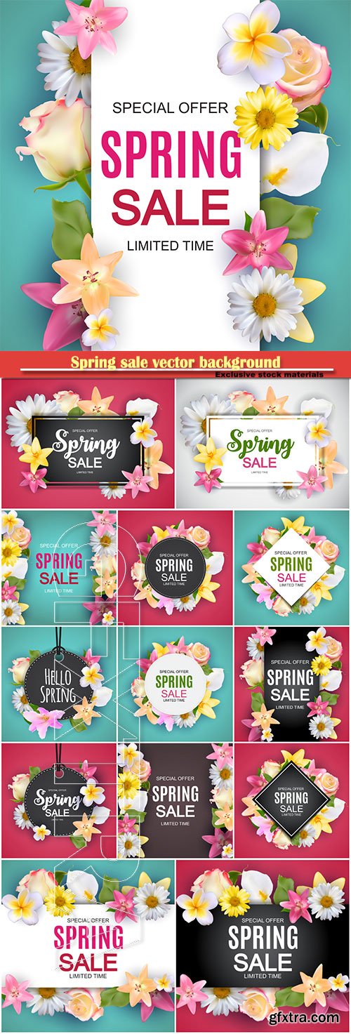 Spring sale vector background with colorful flower elements