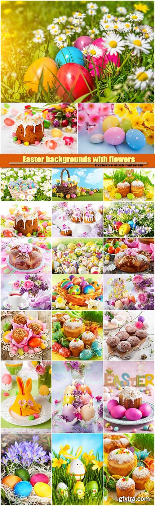 Easter backgrounds with flowers and easter eggs