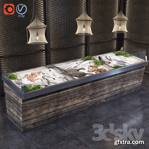 Showcase with fish and seafood