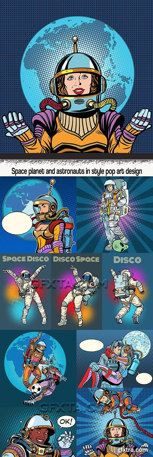 Space planet and astronauts in style pop art design