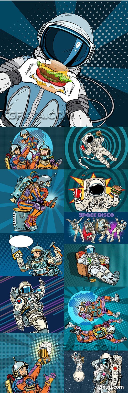 Space planet and astronauts in style pop art design
