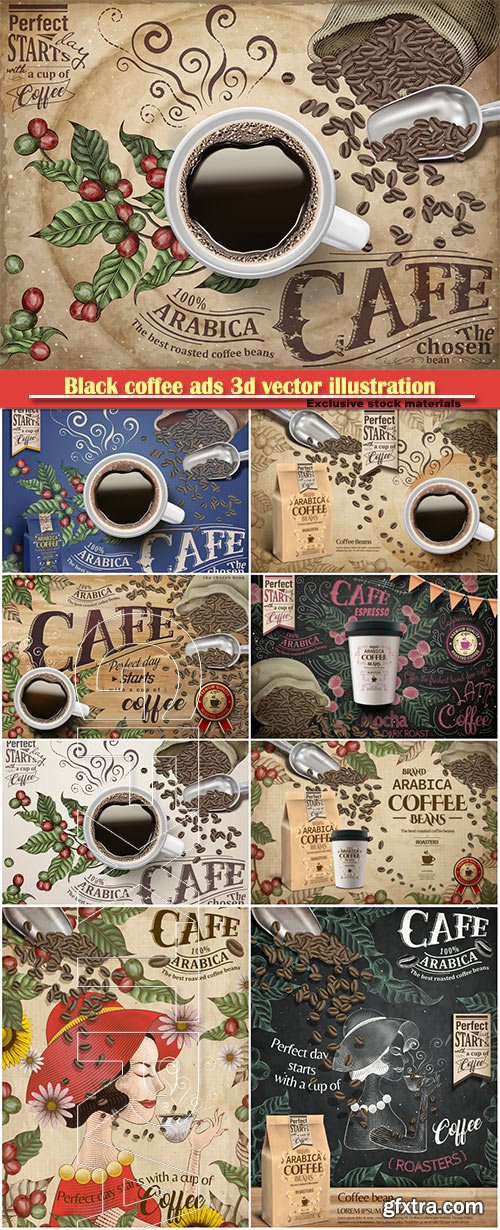Black Coffee Beans and Plants ADS in Engraving Style 9xEPS