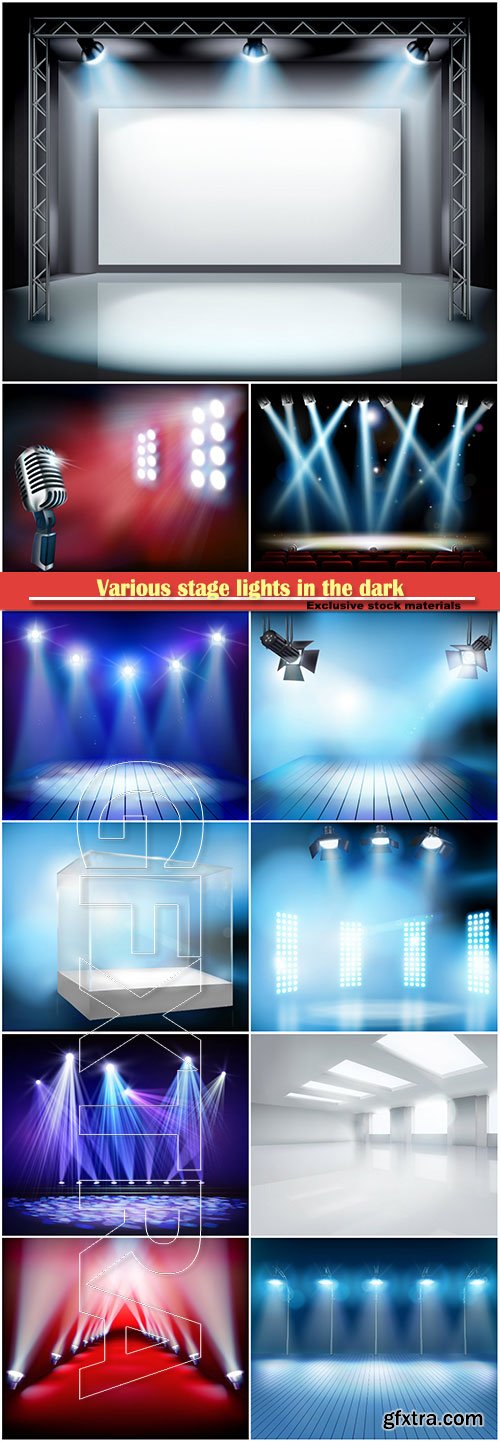 Various stage lights in the dark, vector spotlight on stage » GFxtra