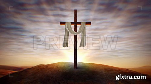 Christian Cross with Waving White Cloth at Sunset, Center 77665