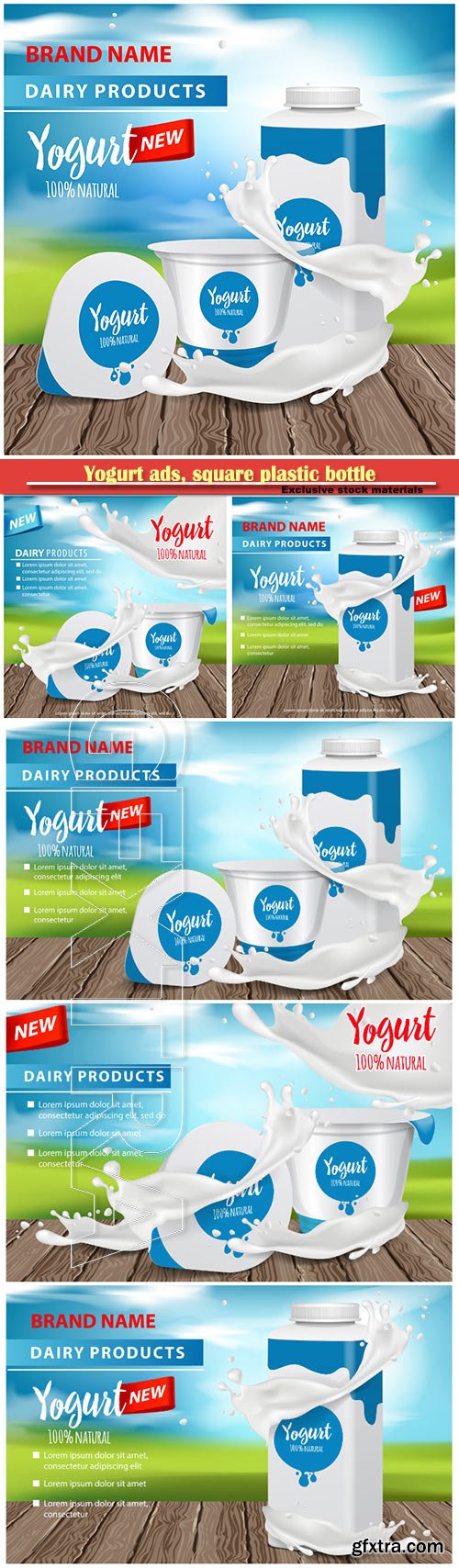 Yogurt ads, square plastic bottle and round pot with yogurt splash , 3d vector illustration for web or magazine