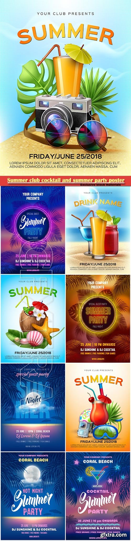 Summer Club Cocktail and Summer Night Party Posters 9xEPS