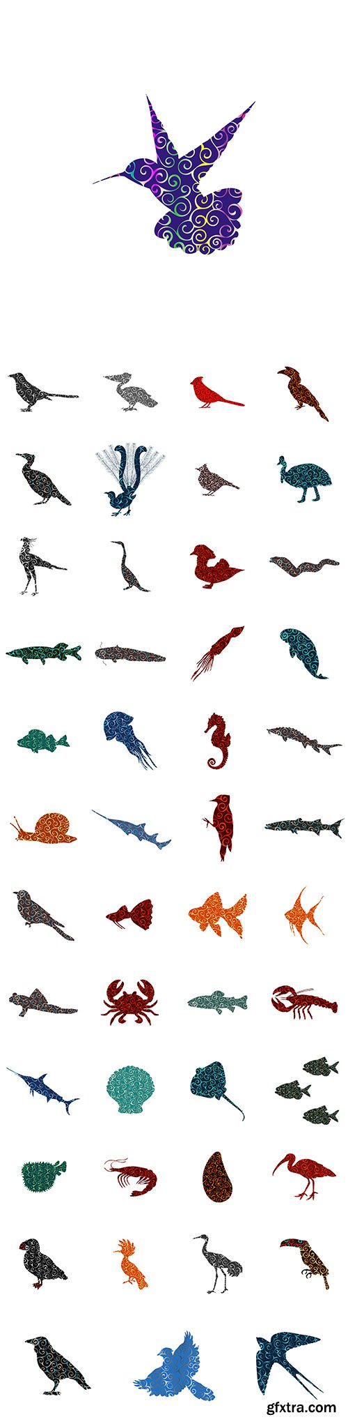 Vector Set - Spiral pattern color silhouette animal 2