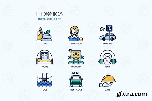 Hotel - modern vector flat line design icons set