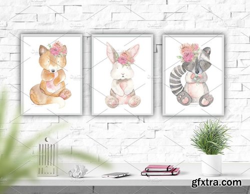 CreativeMarket Watercolor Animals Flowers Clipart 2540165