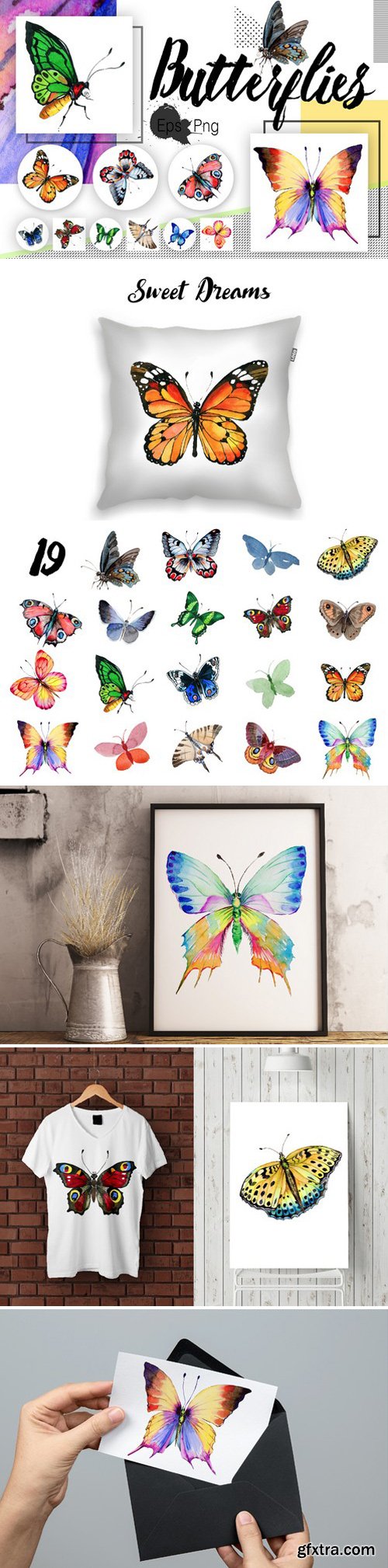 Watercolor butterflies, eps and png