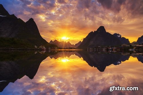 Mountain rock nature landscape norway bay wooden house sunset sea ocean 25 HQ Jpeg