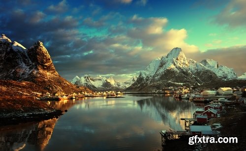 Mountain rock nature landscape norway bay wooden house sunset sea ocean 25 HQ Jpeg