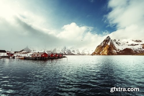 Mountain rock nature landscape norway bay wooden house sunset sea ocean 25 HQ Jpeg