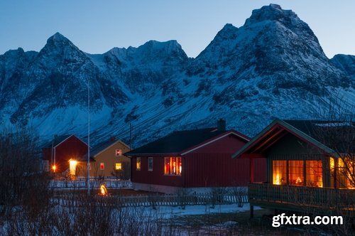 Mountain rock nature landscape norway bay wooden house sunset sea ocean 25 HQ Jpeg