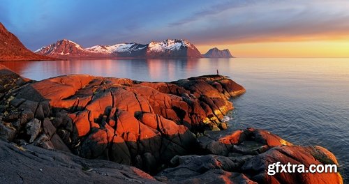 Mountain rock nature landscape norway bay wooden house sunset sea ocean 25 HQ Jpeg
