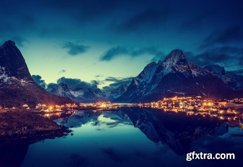 Mountain rock nature landscape norway bay wooden house sunset sea ocean 25 HQ Jpeg