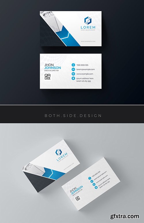 Business Card Layout with Blue Geometric Designs