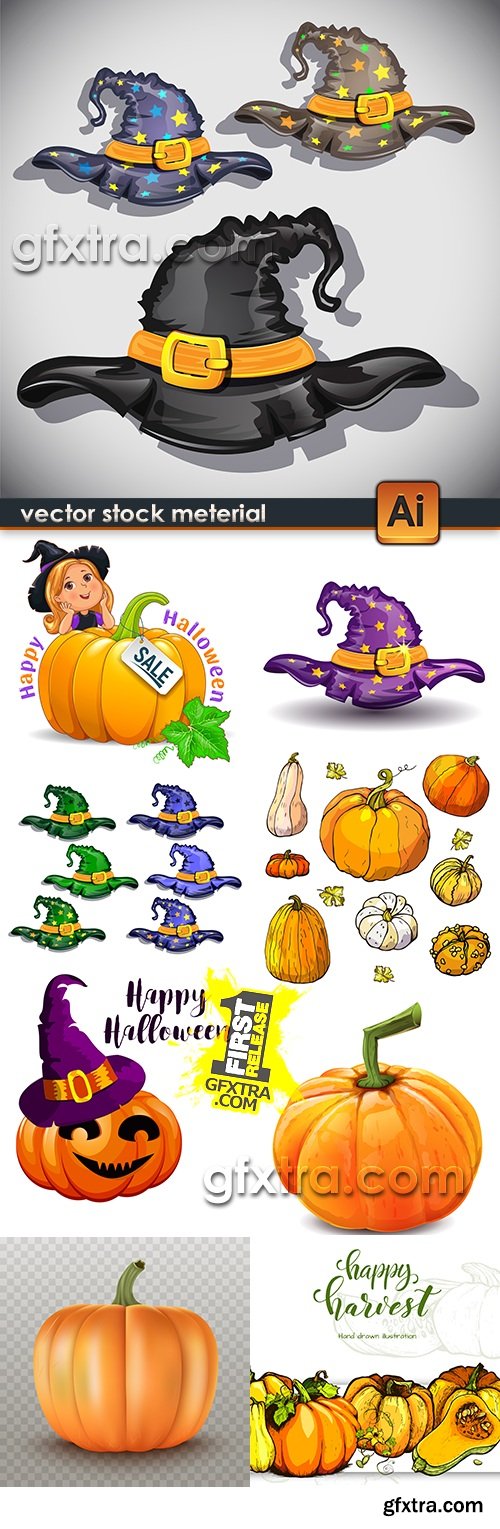 Halloween wizard hat and Pumpkin autumn cartoon illustration