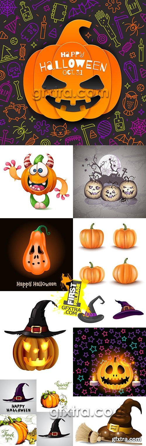 Halloween wizard hat and Pumpkin autumn cartoon illustration