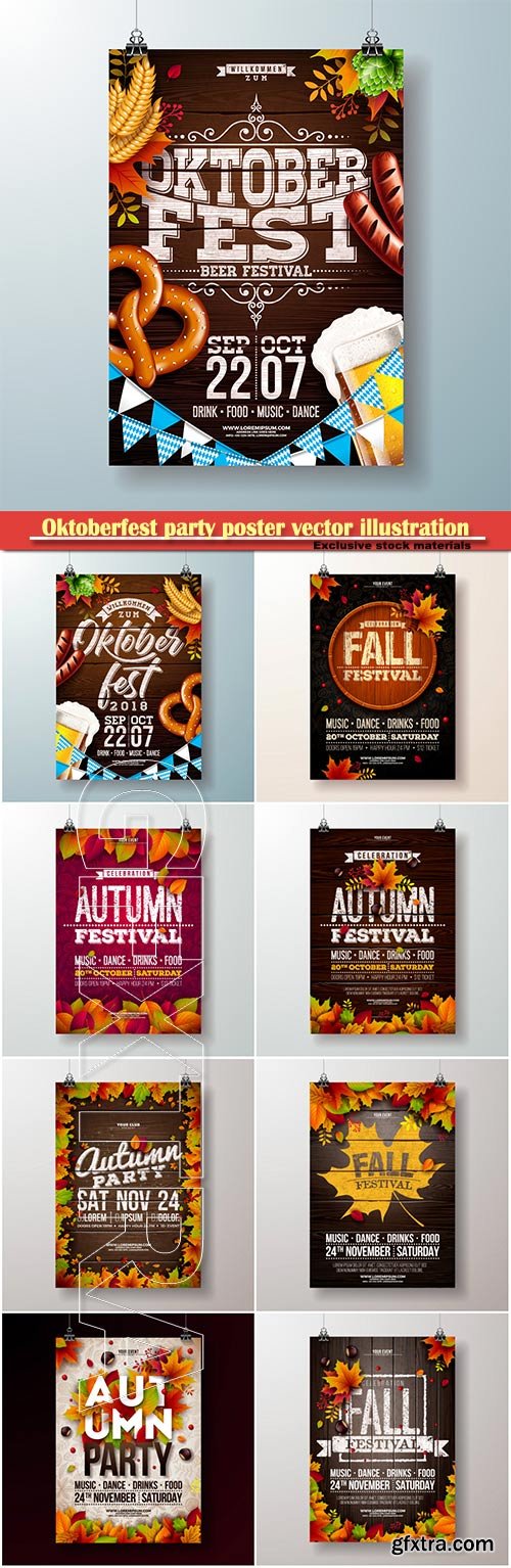 Oktoberfest party poster vector illustration , fresh beer, pretzel, sausage and falling autumn leaves, beer festival