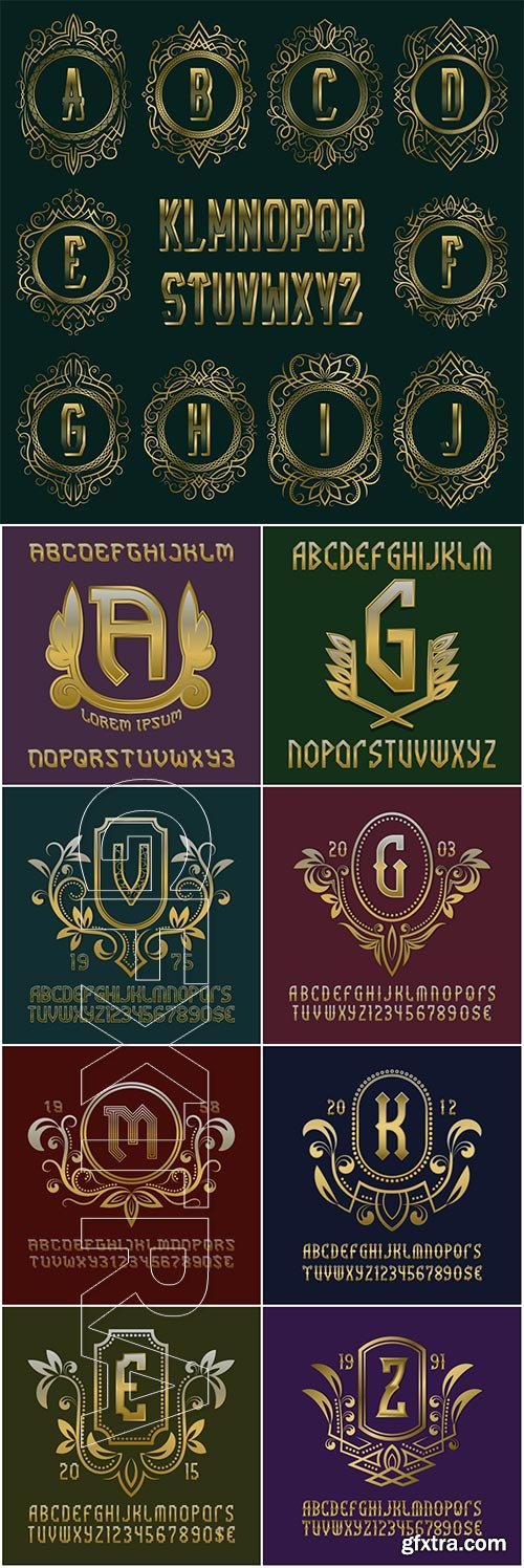 Set of golden vector monograms, luxurious alphabet and logo design elements