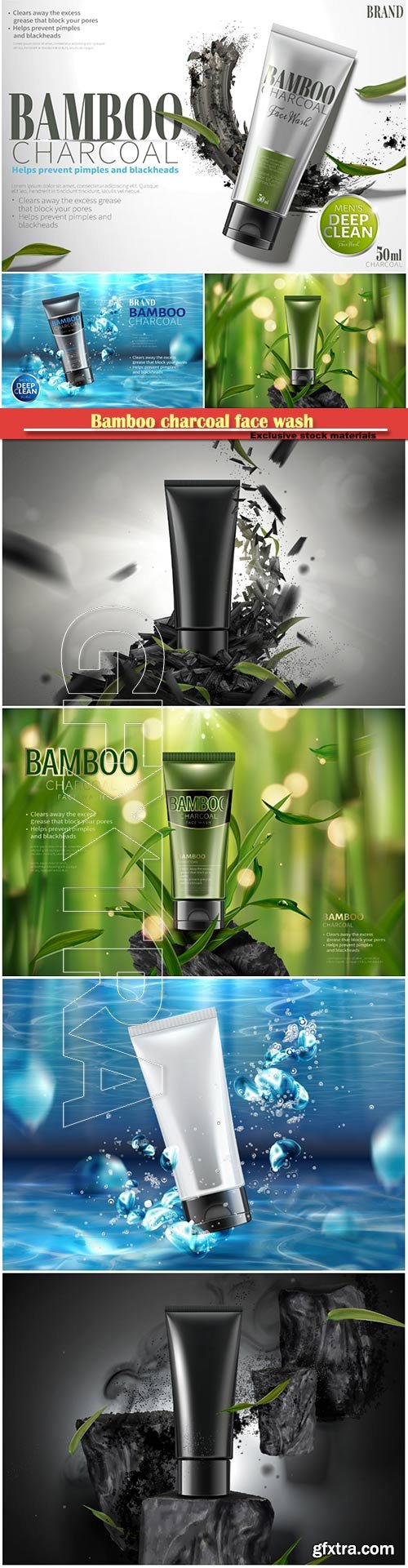 Bamboo charcoal face wash in 3d vector illustration