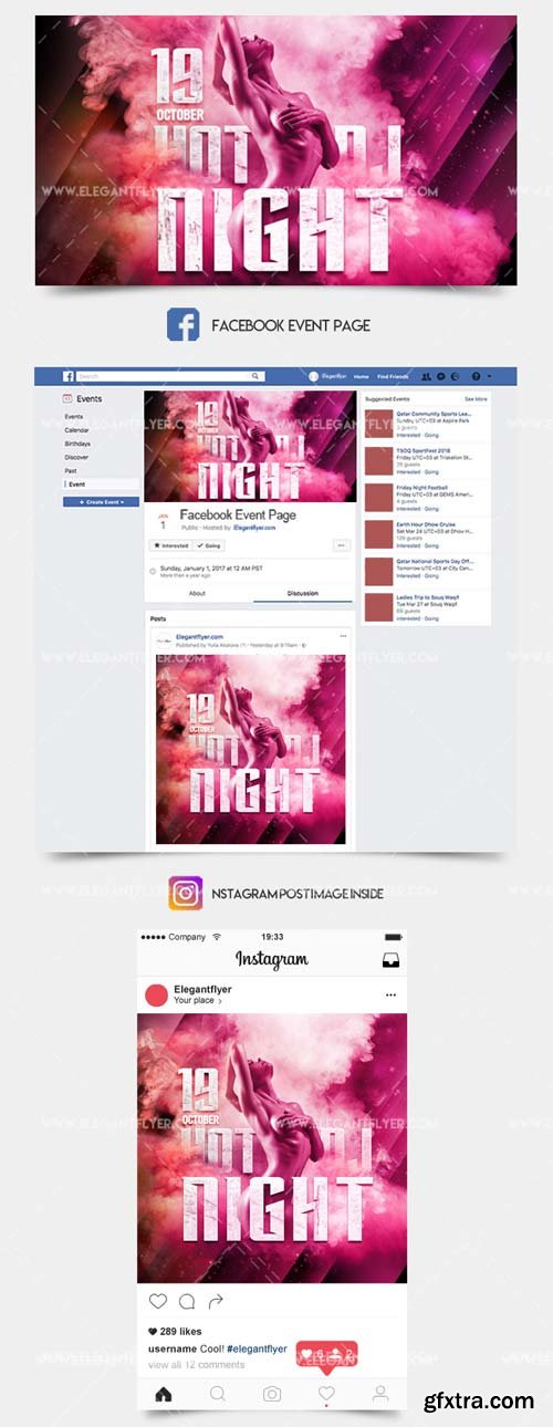 Hot Dj Night V1 2018 Facebook Event + Instagram template + Youtube Channel Banner
