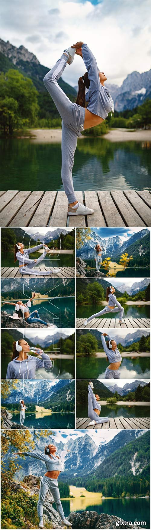 Young sports woman enjoys freedom on a mountain next to the lake