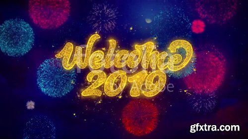 Welcome 2019 Greeting Text with Particles and Sparks Colored Bokeh Fireworks Display 4K