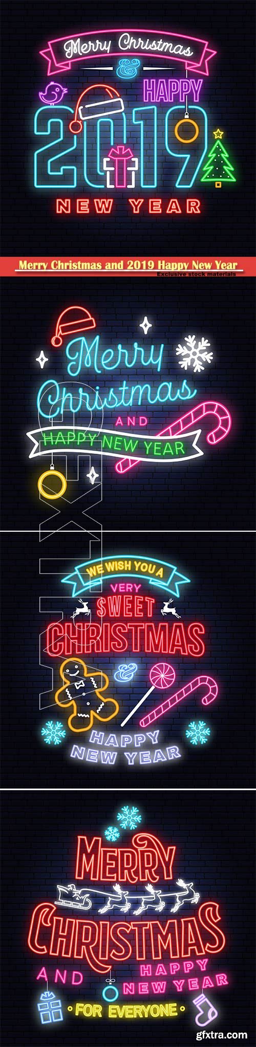 Merry Christmas and 2019 Happy New Year neon sign, emblem, bright signboard, light banner